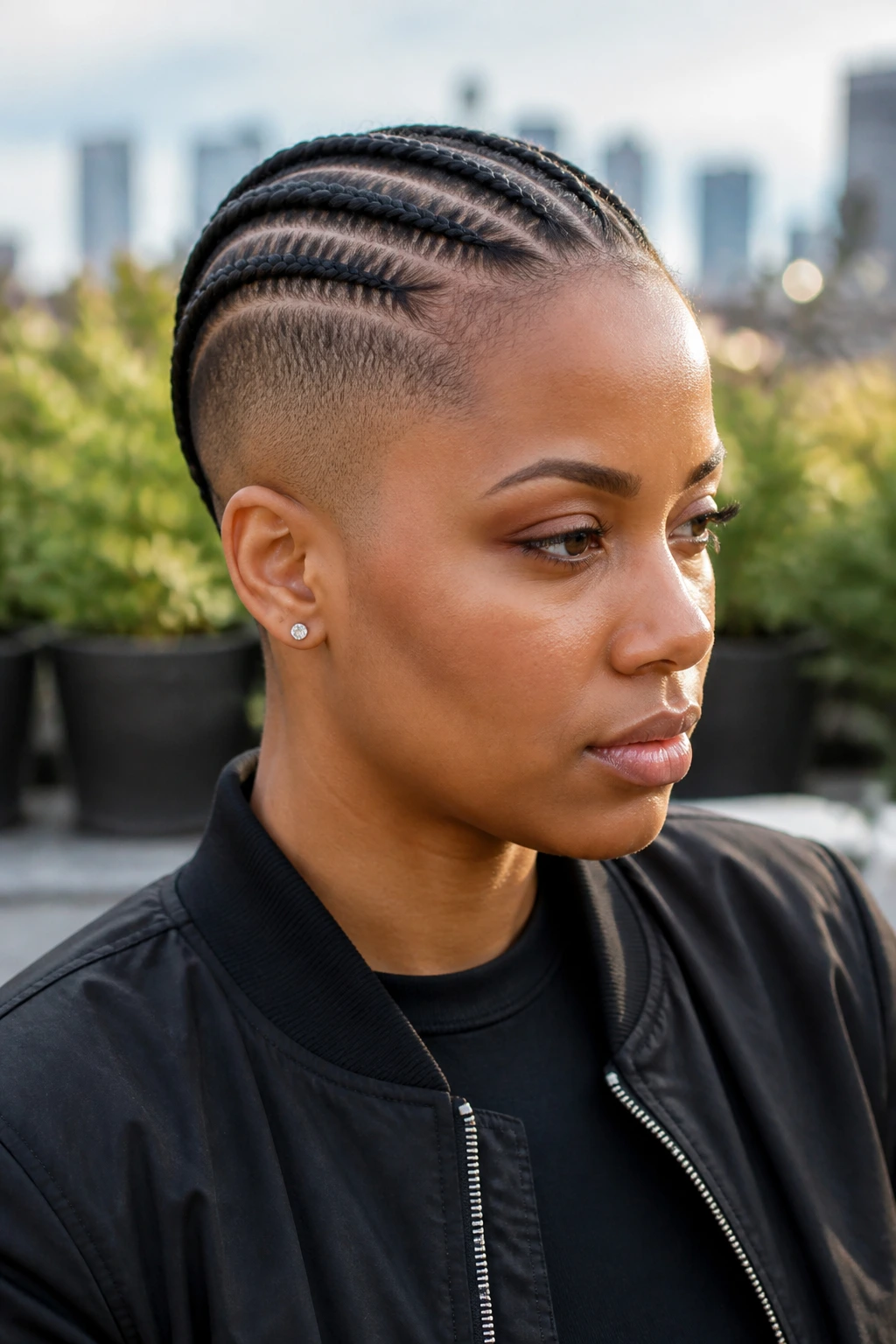 Close-up portrait of a real Black person with cornrows spine and bare sides