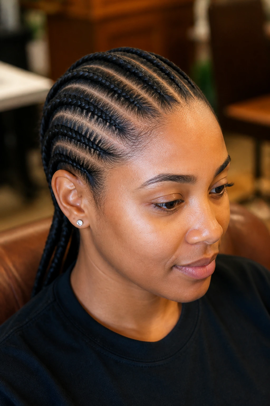 Close-up of a Black woman with straight-back cornrows in a salon