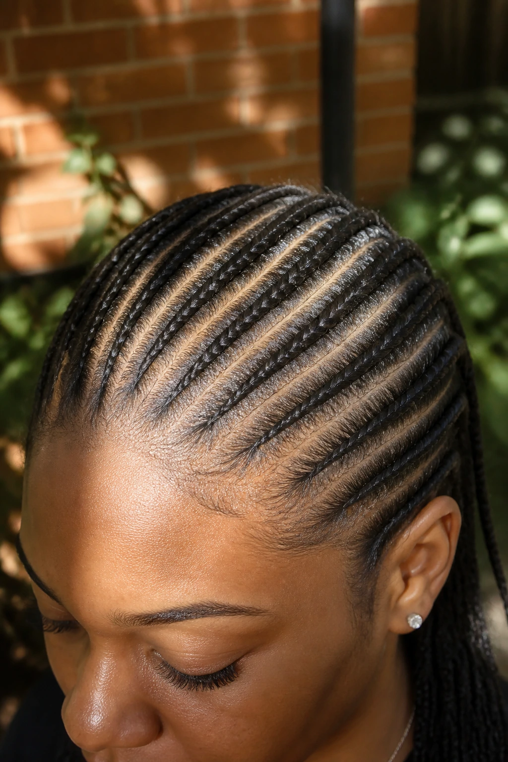 Close-up of scalp with straight-back cornrows outdoors in a courtyard.