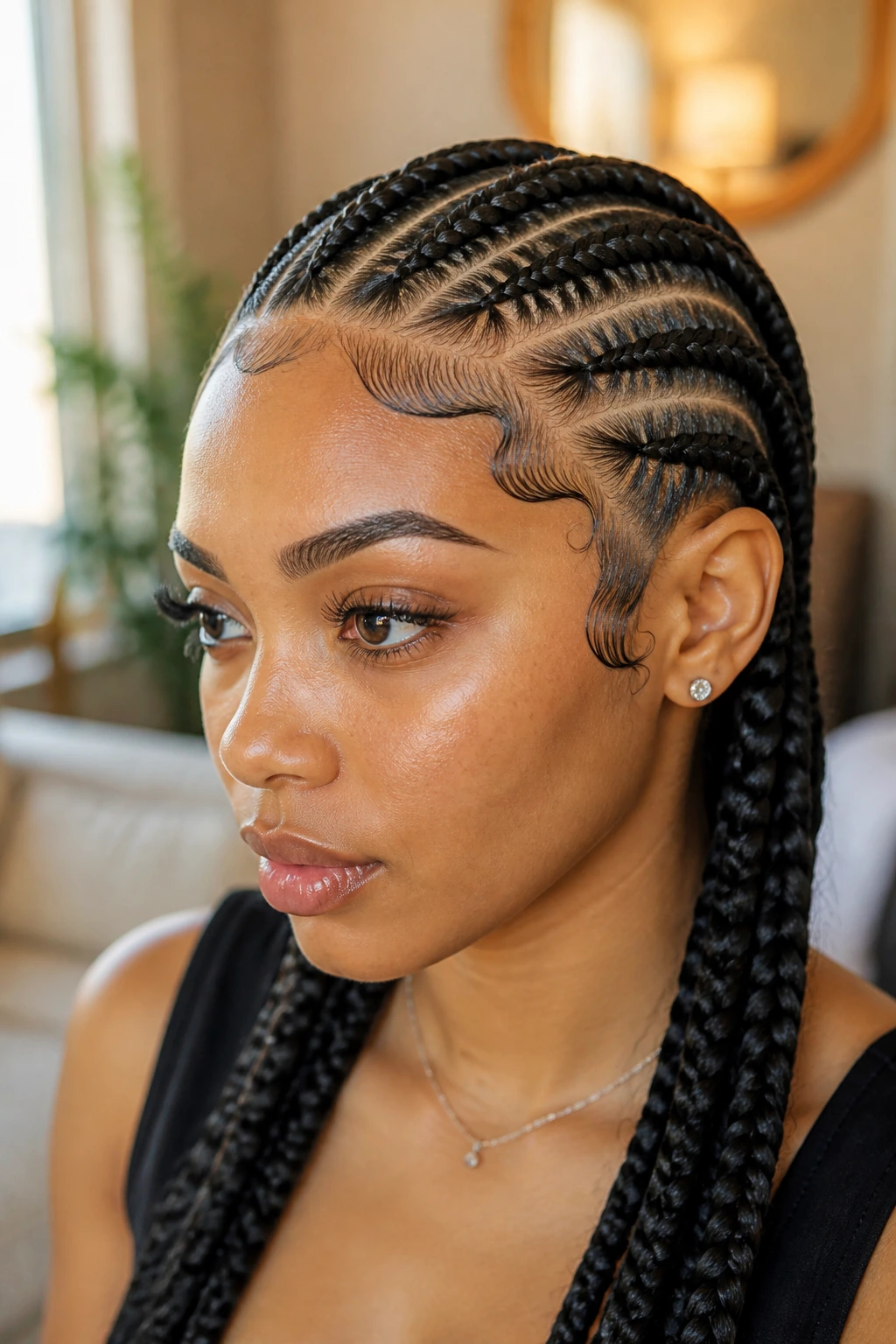 Close-up of cornrows with swooped baby hairs along the hairline on a real woman