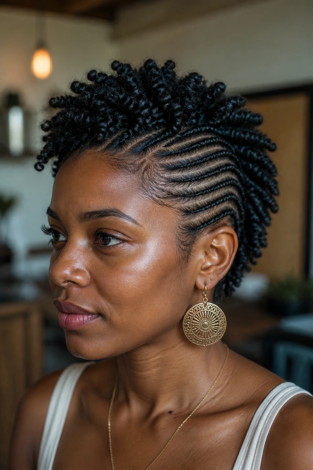 Close-up of a real person with cornrows and twists forming a hawk on short natural hair