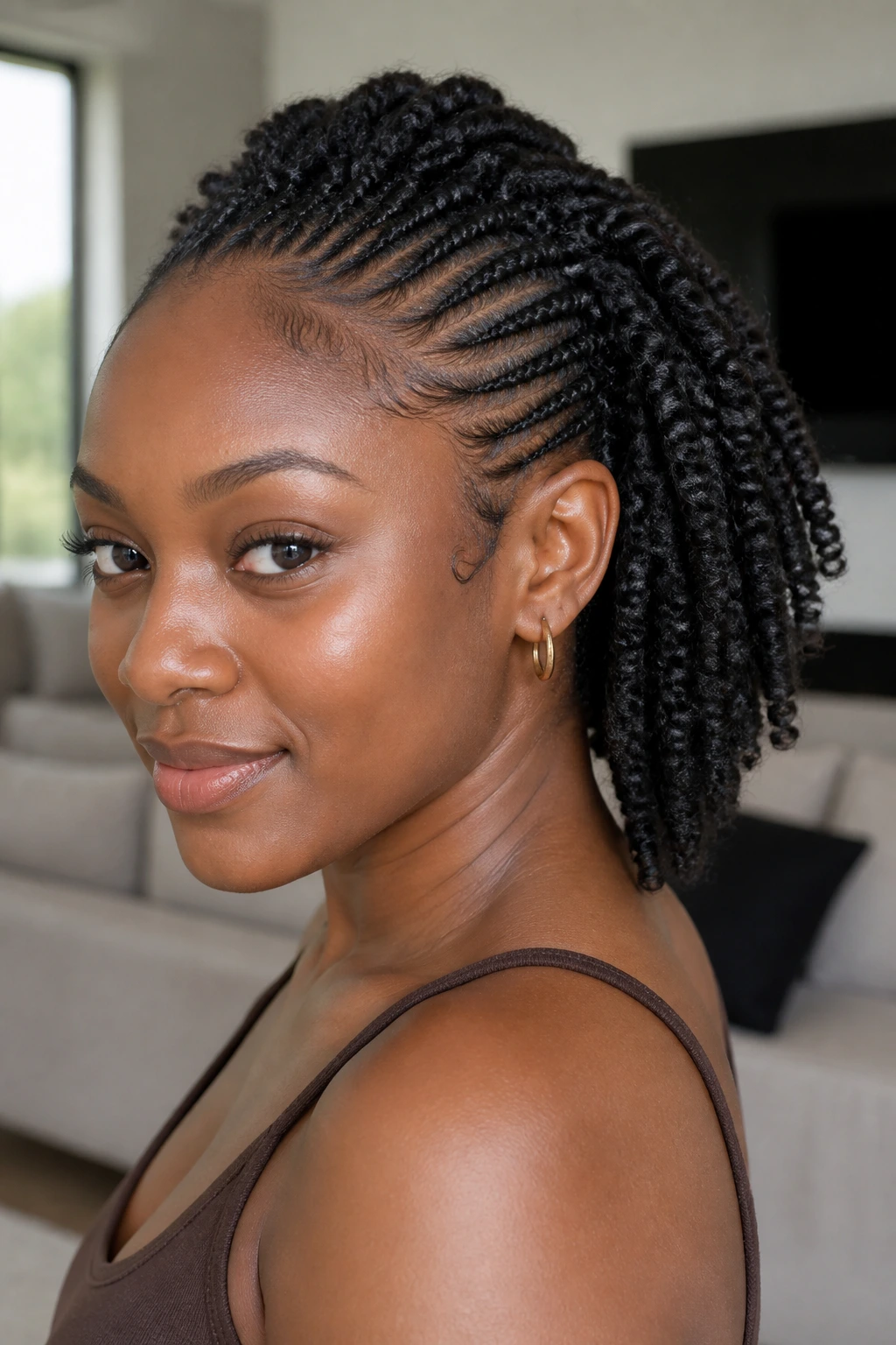 Close-up of a real woman with cornrows and twists in a mixed-texture hairstyle.
