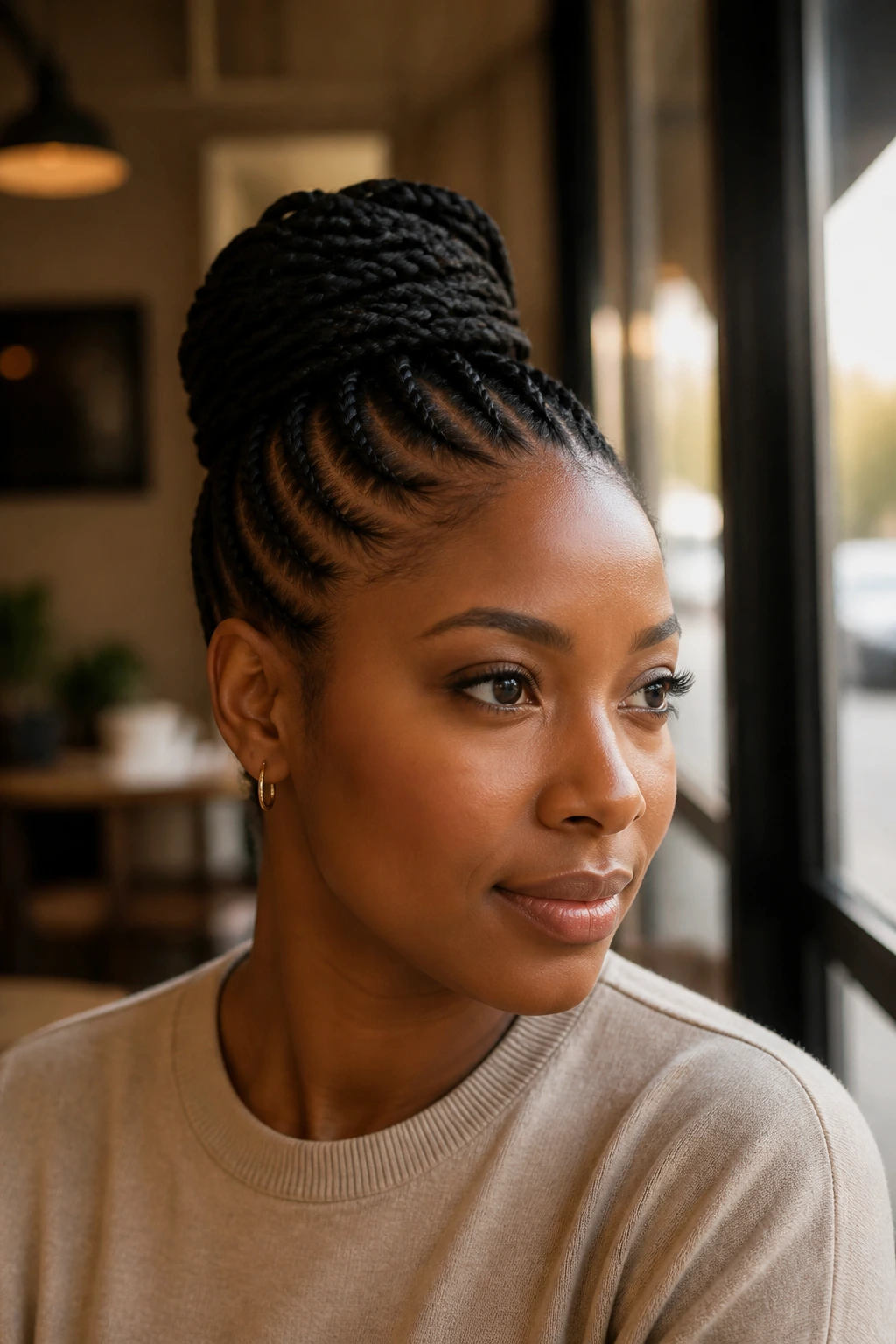 Real woman with a high-volume cornrow crown and top bun showing variation options