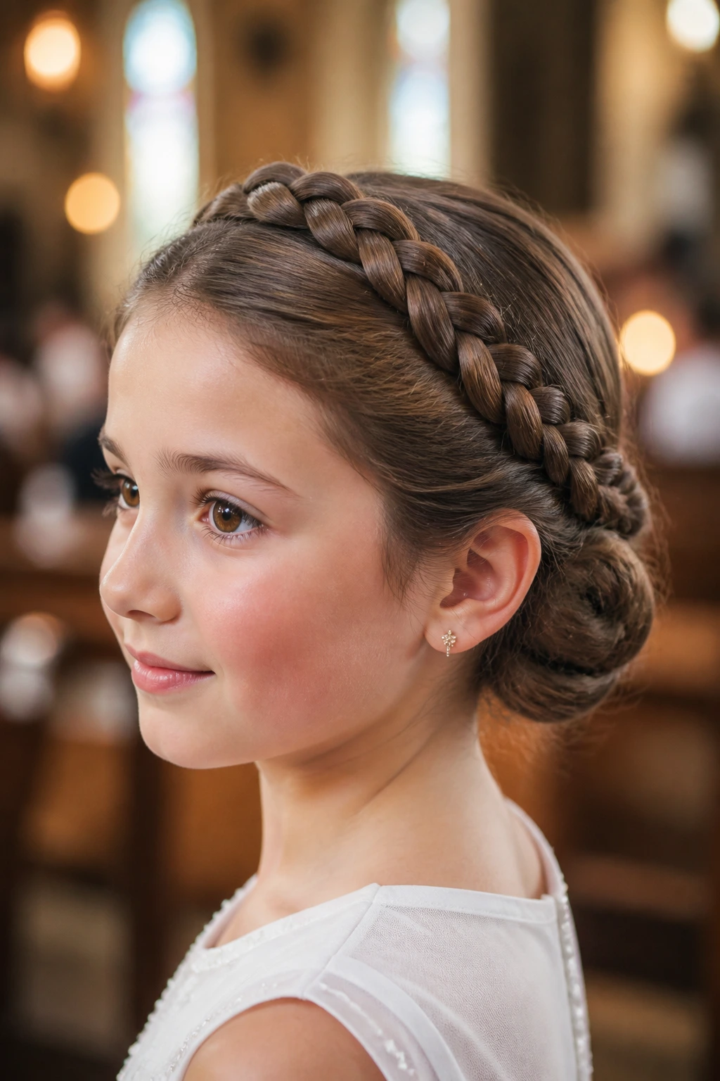 Close-up of a real child showing coronet braid tucked into a low bun with gentle lighting