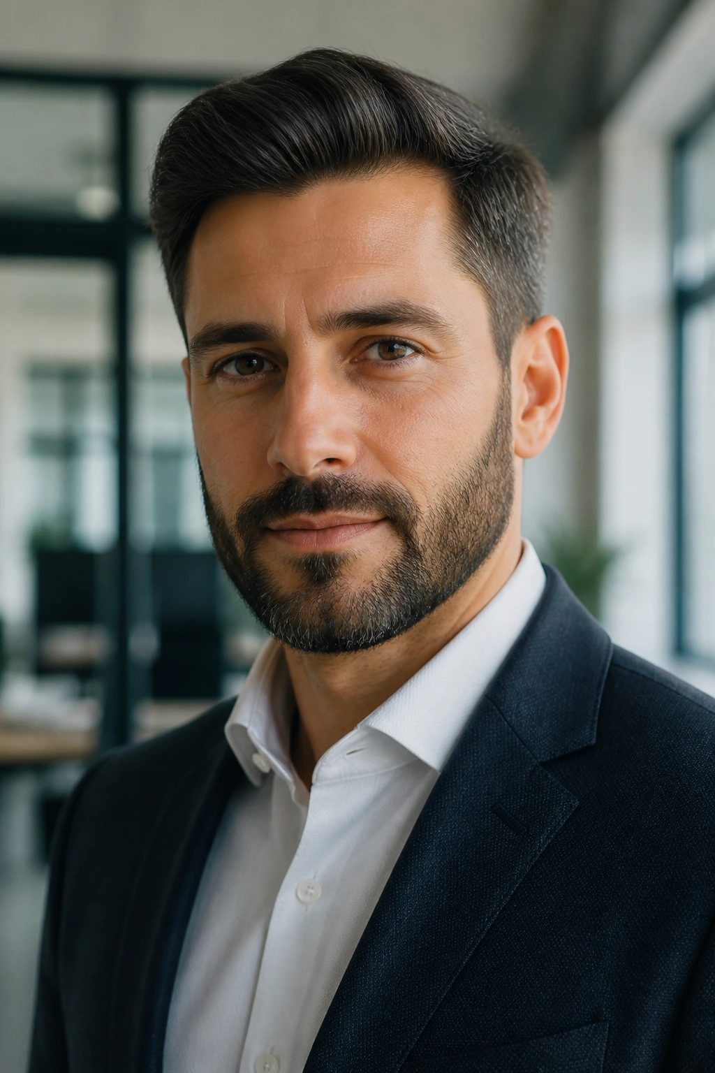 Close-up of a professional man with a tidy corporate beard.