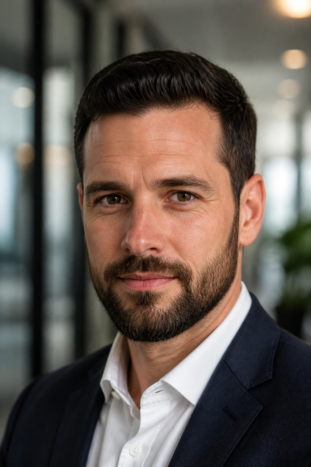 Close-up of a man with a short corporate beard in an office setting
