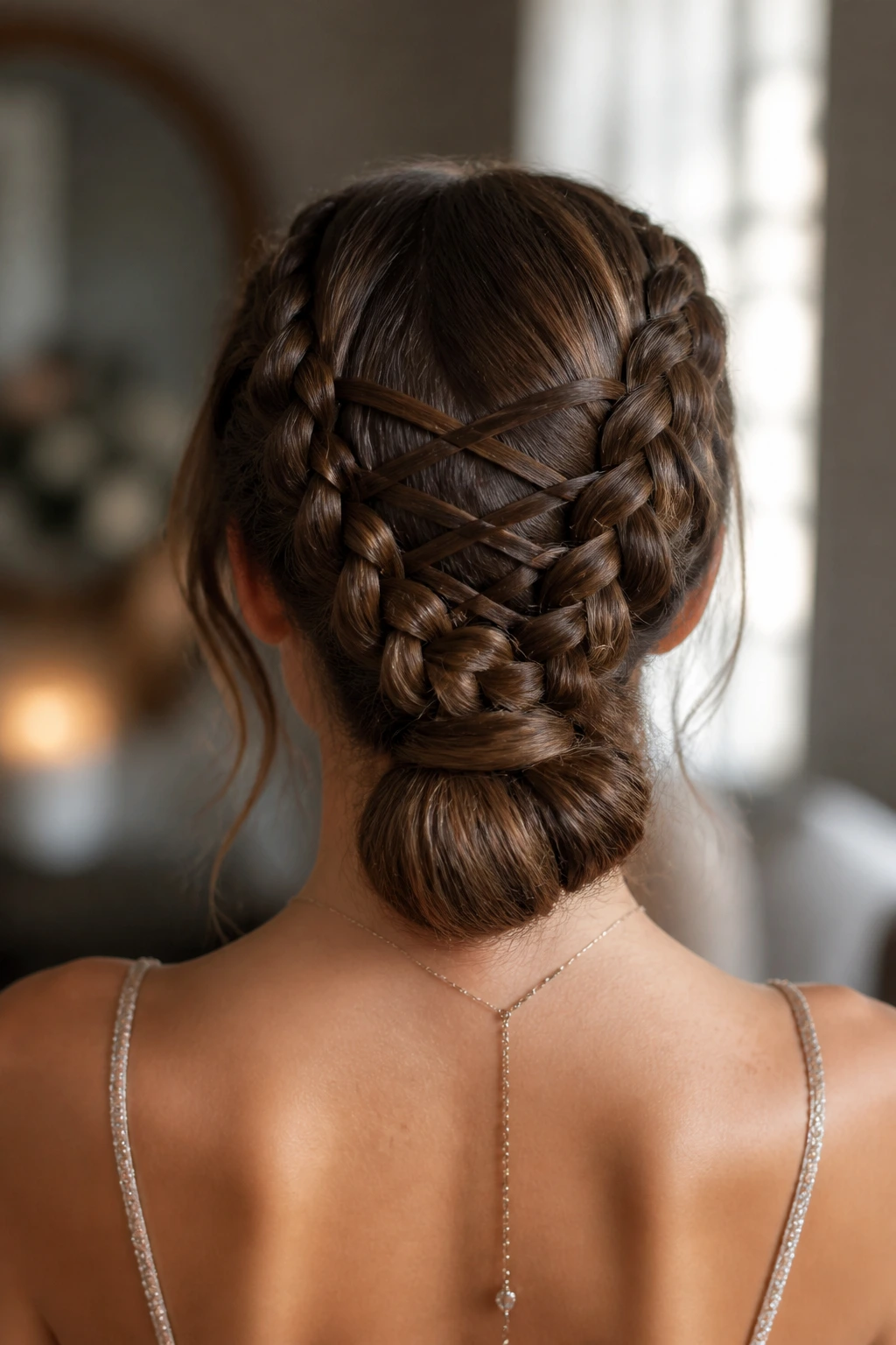 Back-of-head view of real person wearing Corset-Braid Updo with lace-like cross strands