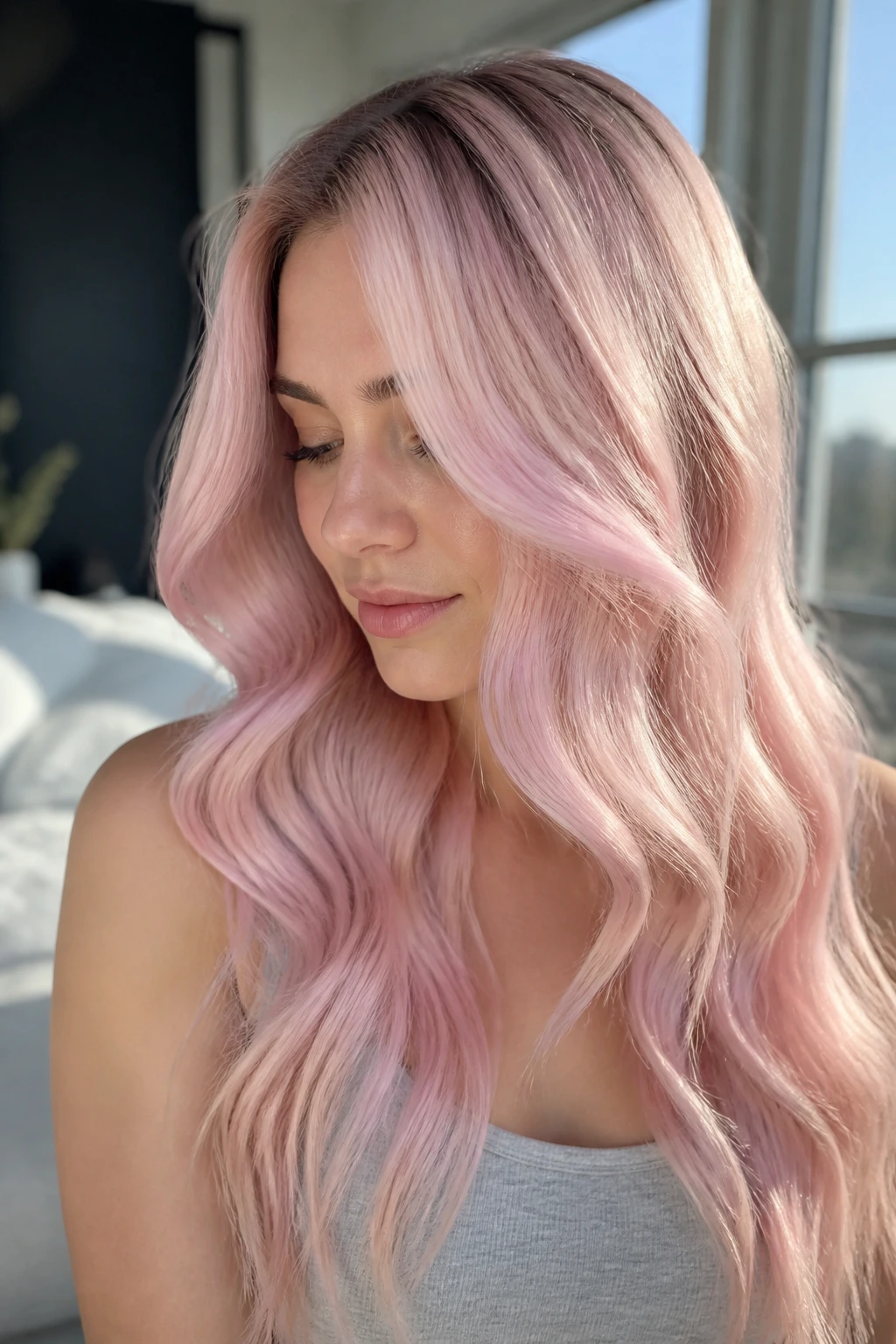 Close-up portrait of a real woman with pastel pink cotton candy waves on light blonde hair.