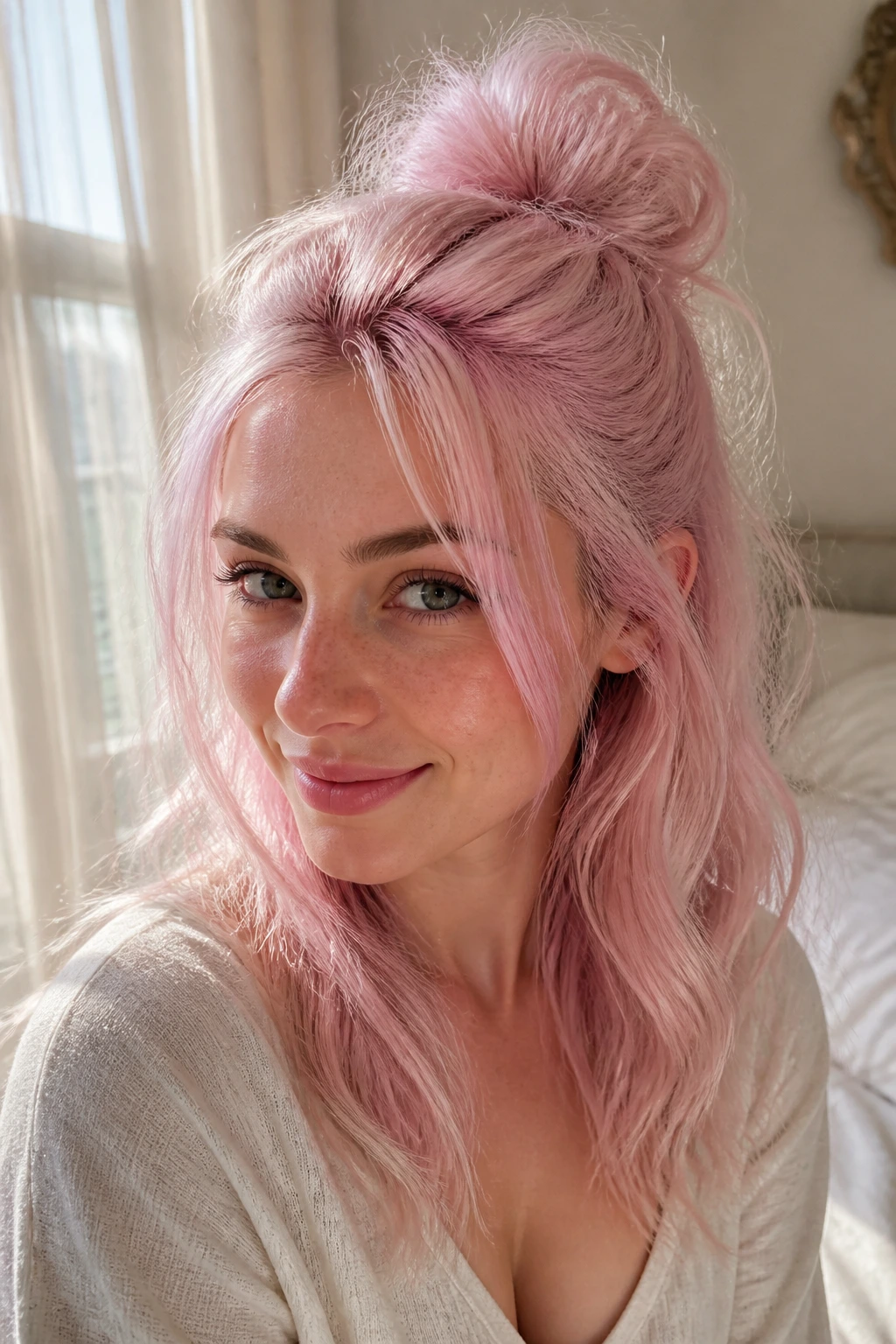 Pastel pink cotton-cloud half-up hairstyle on a real woman