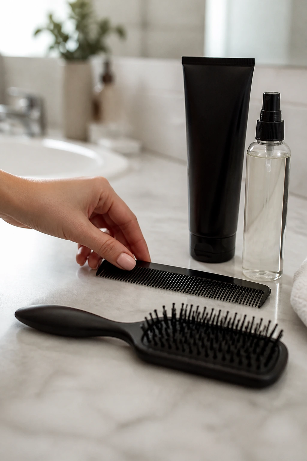 Hand reaching for a fine-tooth comb on a bathroom counter with styling tools