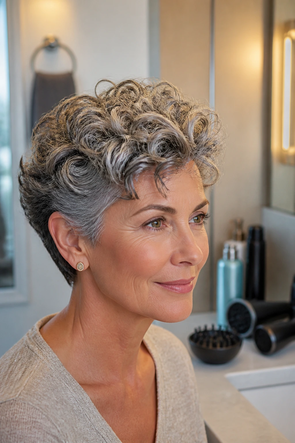 Portrait of a real woman with short curls, tools visible on counter in background