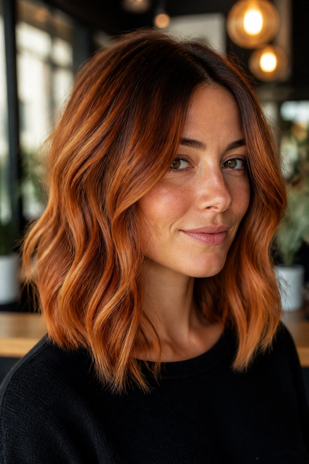 Close-up portrait of a real woman with cow-boy copper hair and subtle depth on a medium-length lob.