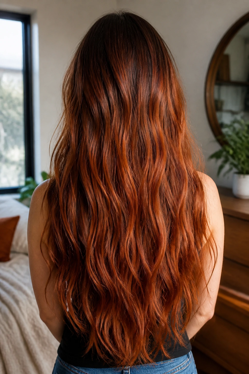 Back profile of long hair showing cowboy copper lengths on a real person