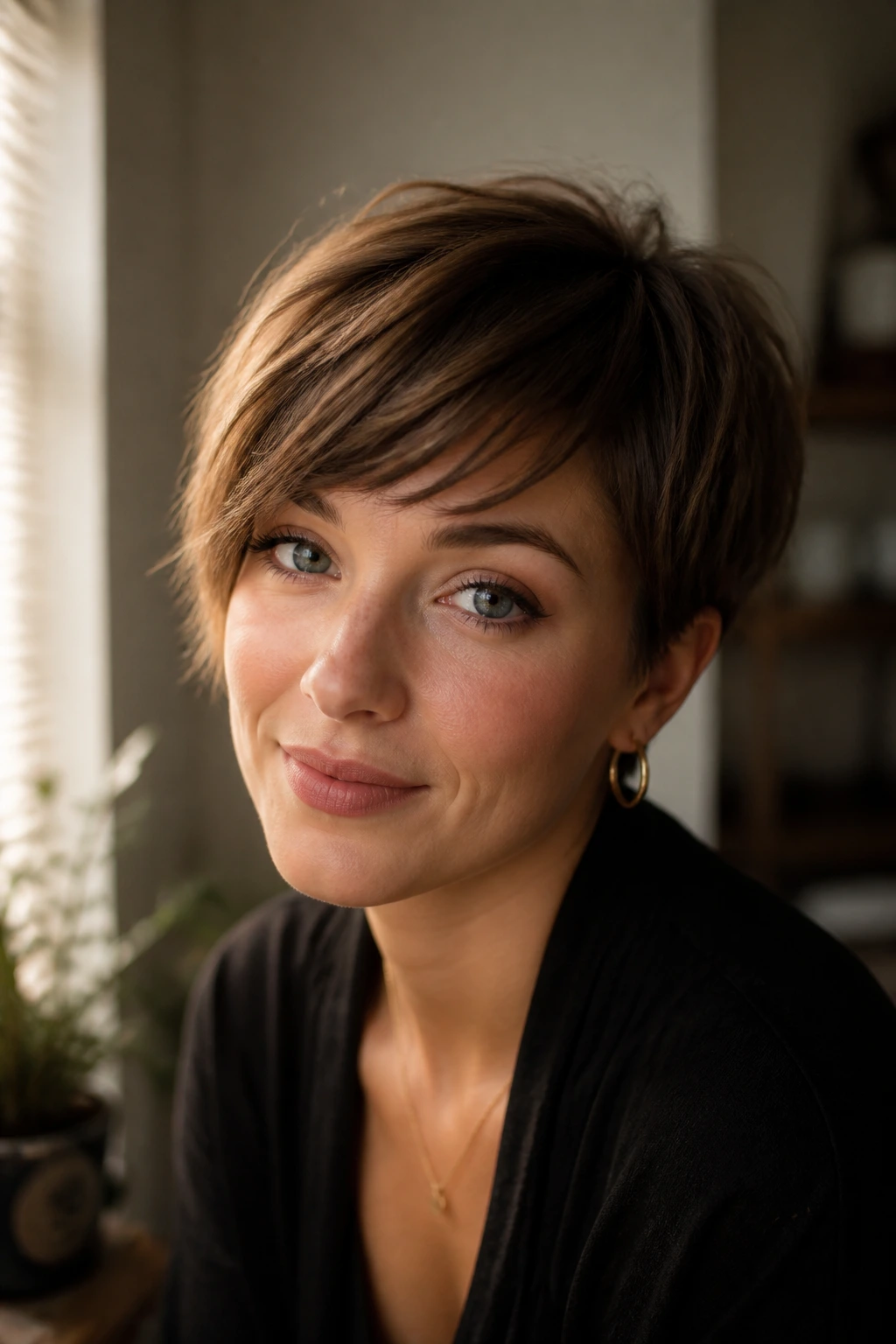 Close-up of a woman with off-center, side-swept piecey bangs accommodating a cowlick.