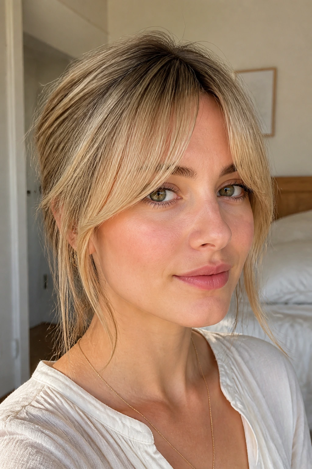 Real woman with cowlick-proof soft bottleneck bangs in bright room