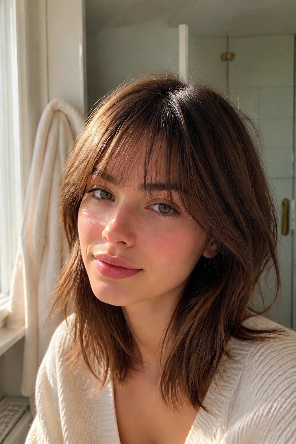 Portrait of a woman wearing cowlick-friendly bangs in a morning-lit bathroom.