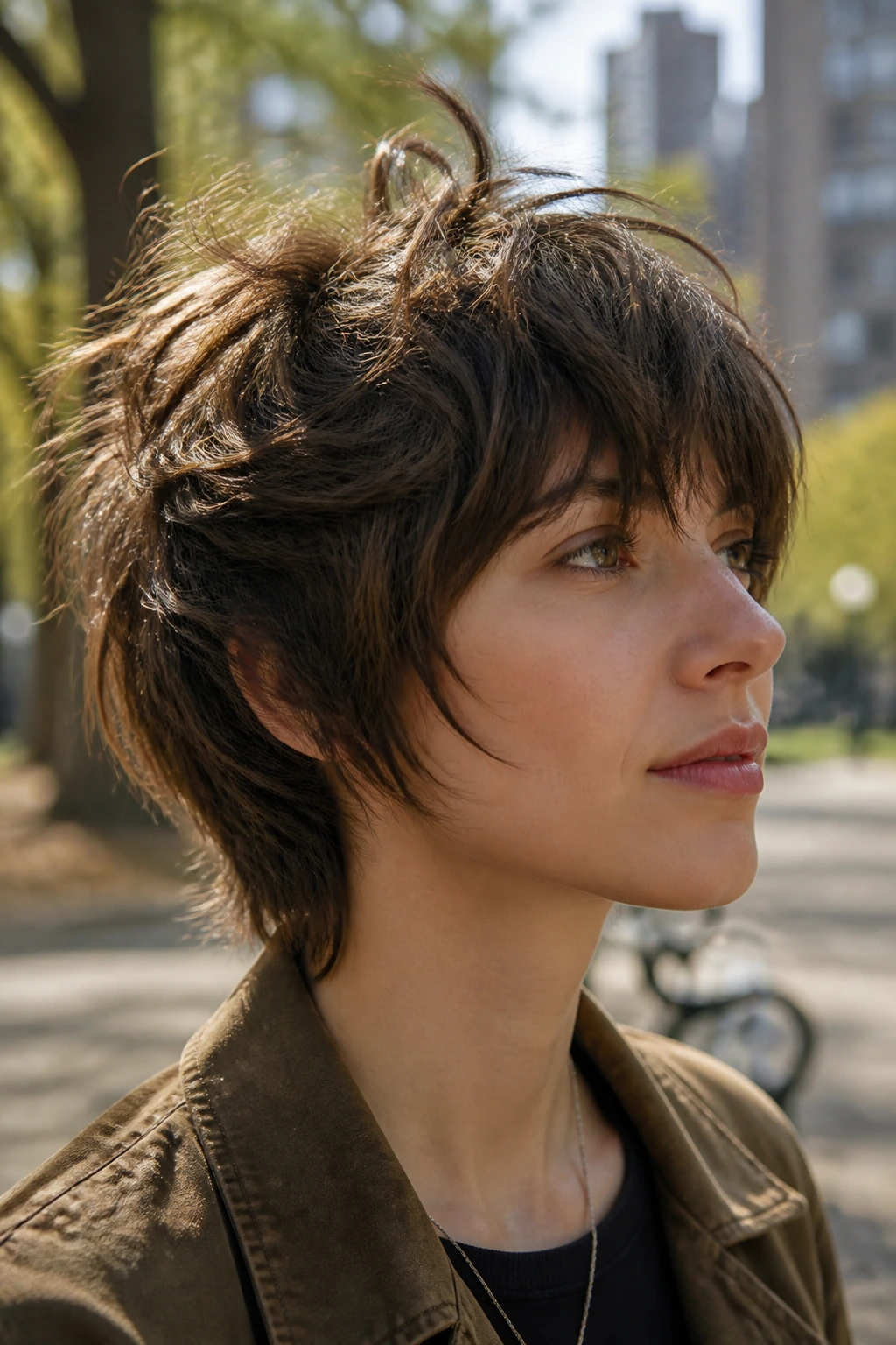 Close-up portrait of a real person with cowlick-friendly shag in outdoor park light