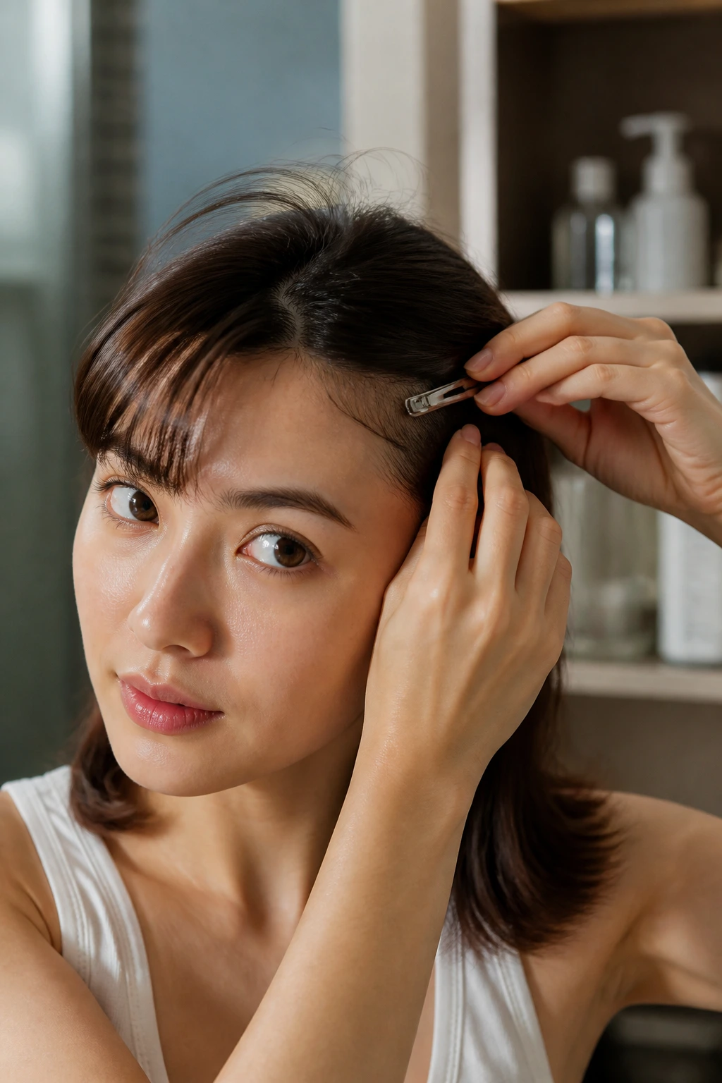 Close-up of a real person with a cowlick clipped to the side in bathroom lighting