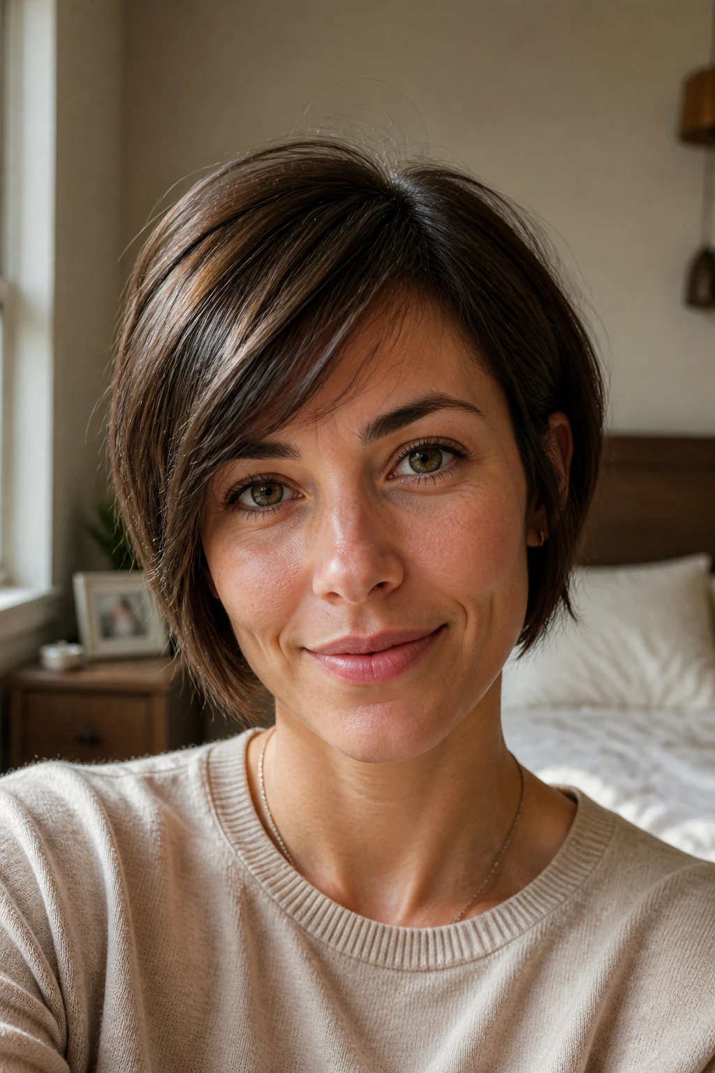 Close-up portrait of a real woman with a cowlick-friendly side bang in warm daylight