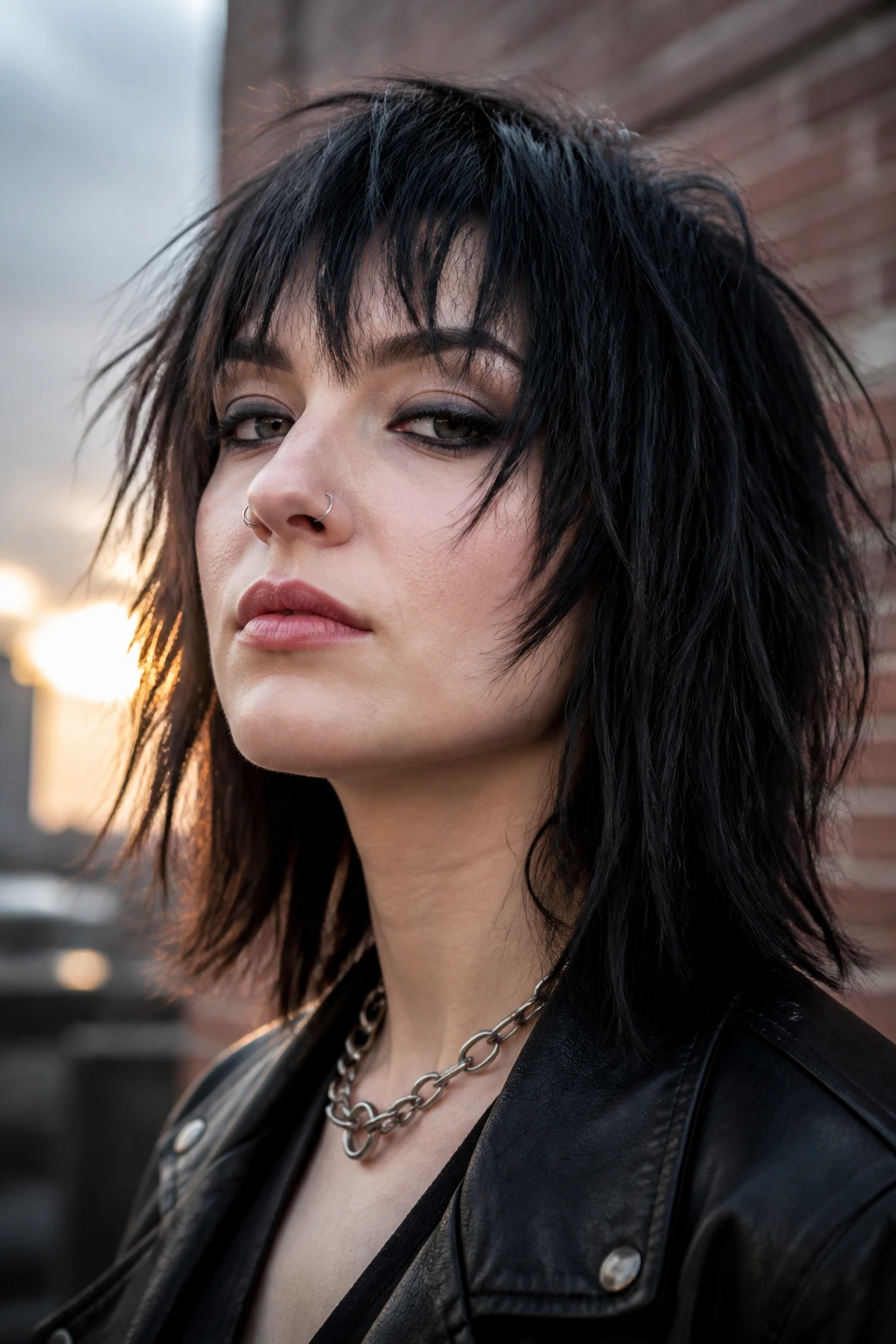 Close-up portrait of a real person with shoulder-length cracked glass layer cut featuring a blunt outer line and jagged interior layers.