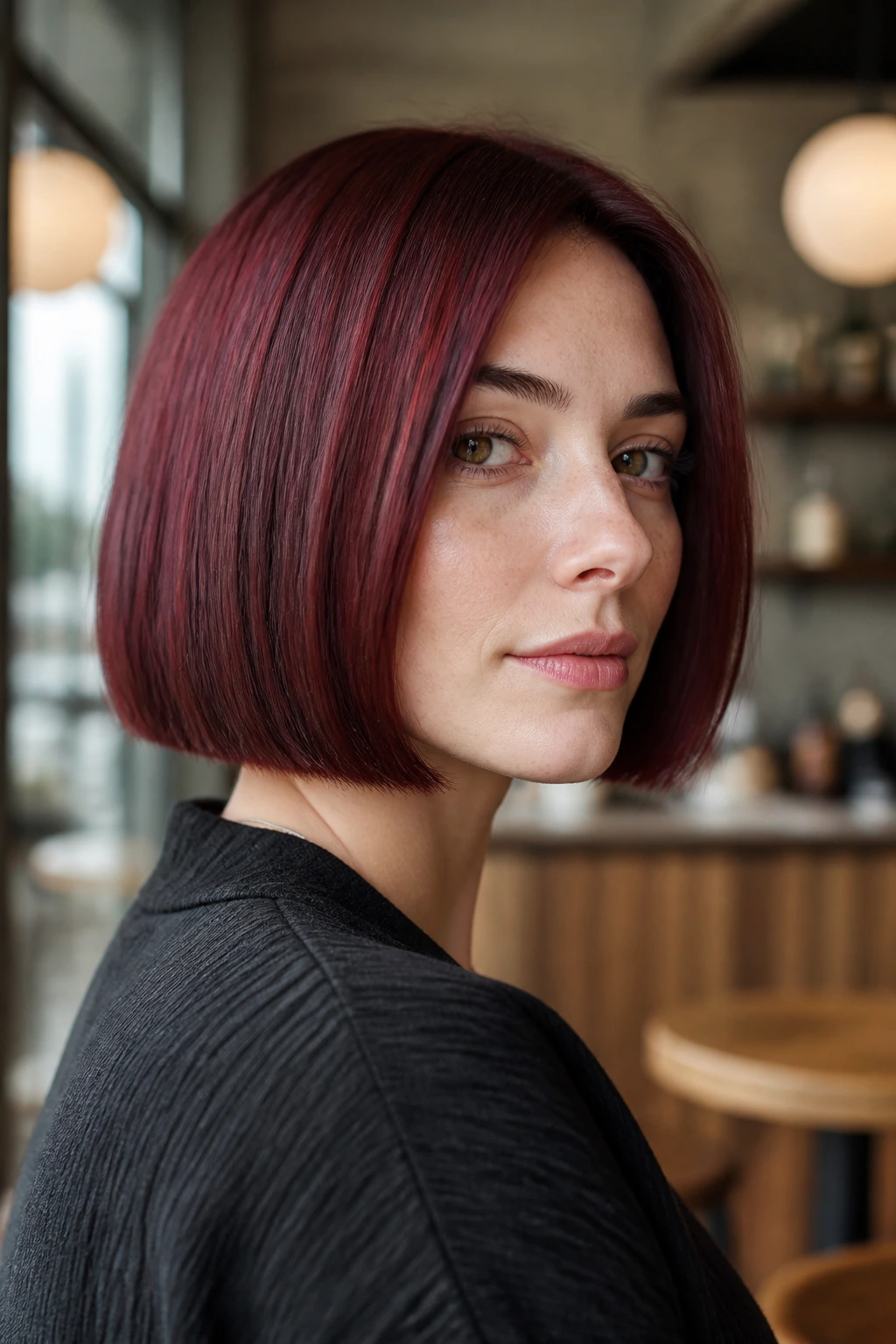 Close-up of real woman with cranberry blunt bob and cool undertone.