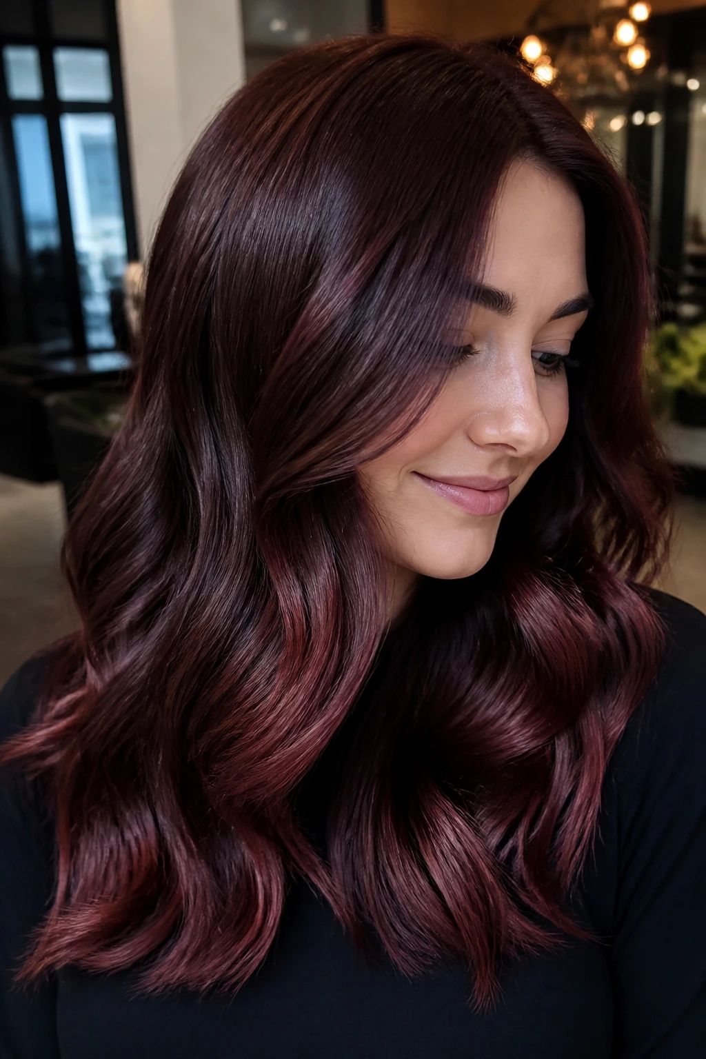 Close-up portrait of a real woman with Cranberry Cola hair featuring dark cola-brown roots and cranberry-red shimmer