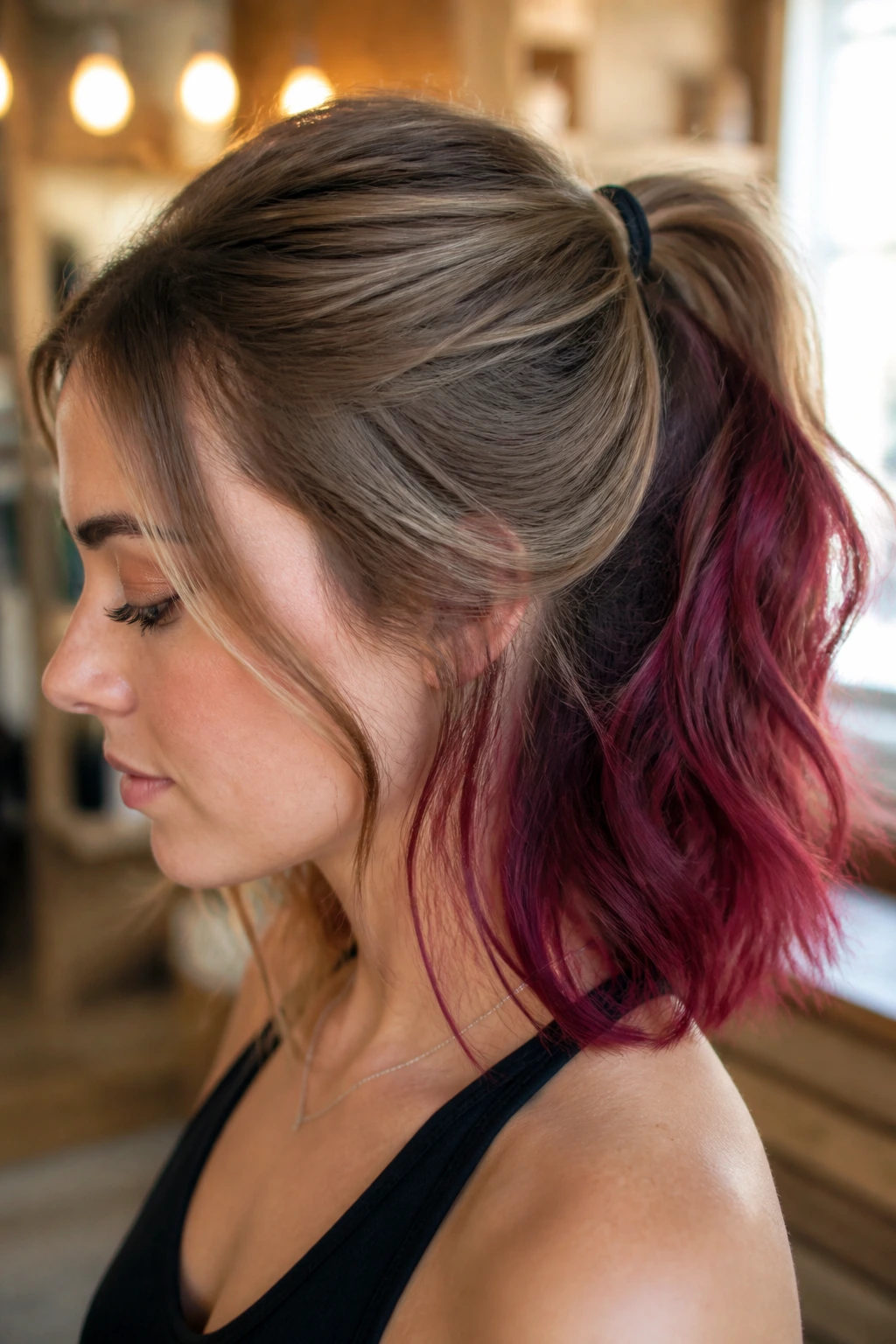 Close-up of real person with cranberry dip-dye ends visible in half-up ponytail