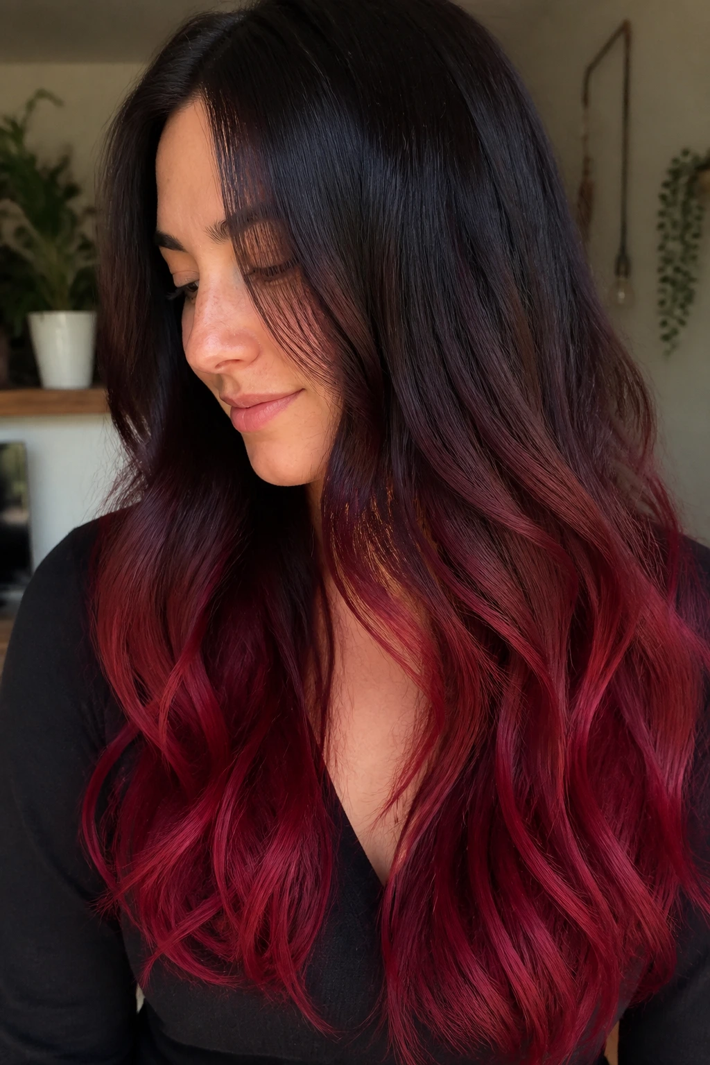 Close-up of a real woman with cranberry dip-dyed ends on long dark hair in natural daylight.