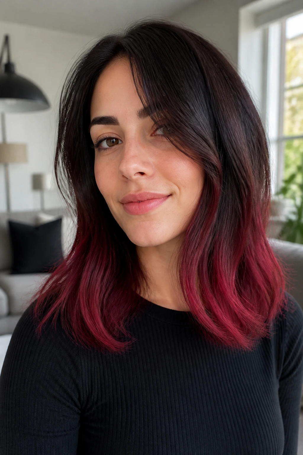 Close-up of cranberry ends on the lower hair length on a real person