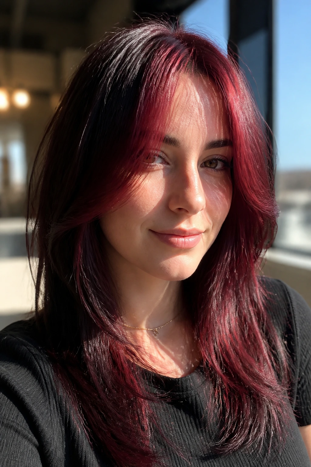 Close-up of a real woman with cranberry face-framing layers