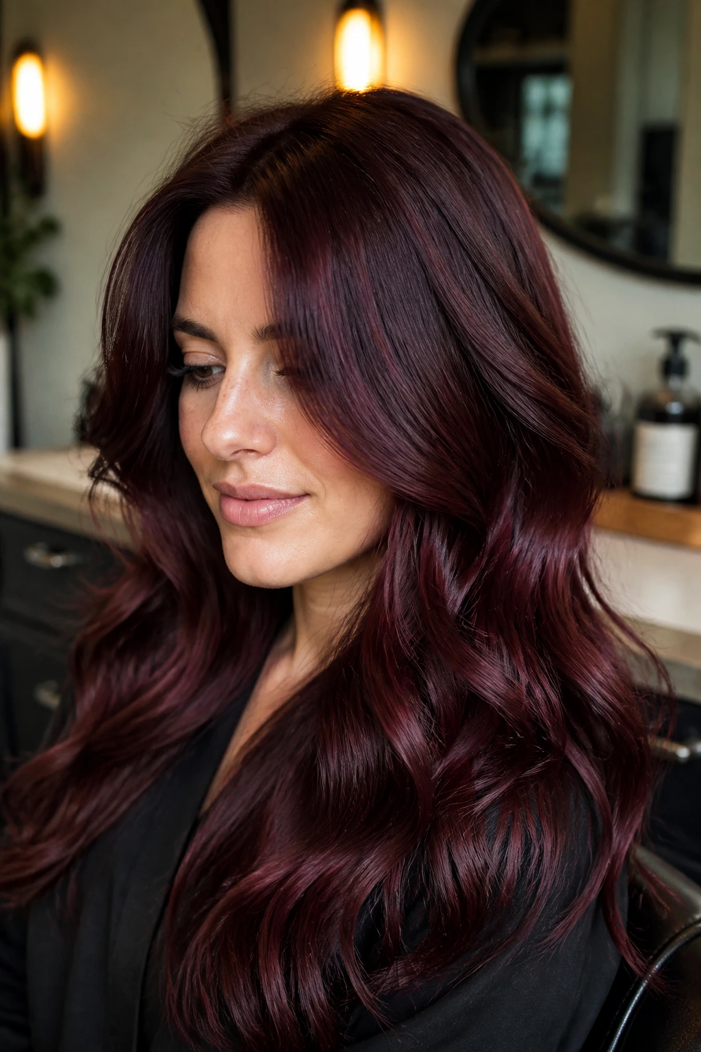 Close-up of real woman's thick brunette hair with cranberry gloss and ruby sheen