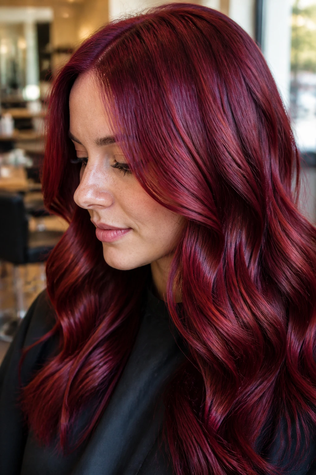 Close-up of a real person with cranberry gloss red hair