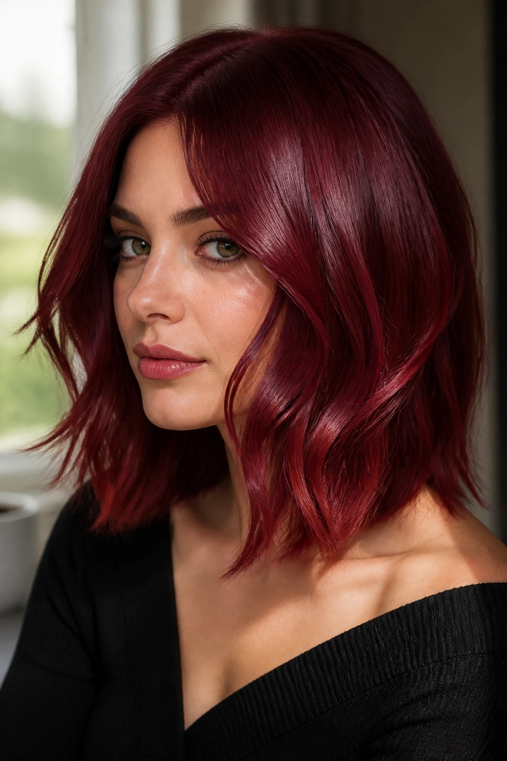 Close-up of a real woman with Cranberry Gloss Lob showing glossy red color