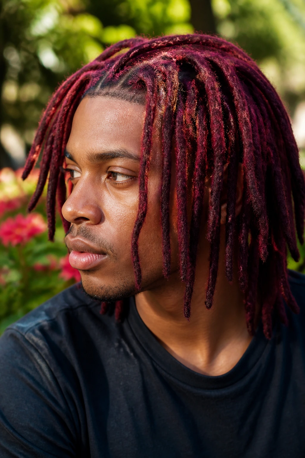 Person with cranberry-colored locs in a garden setting