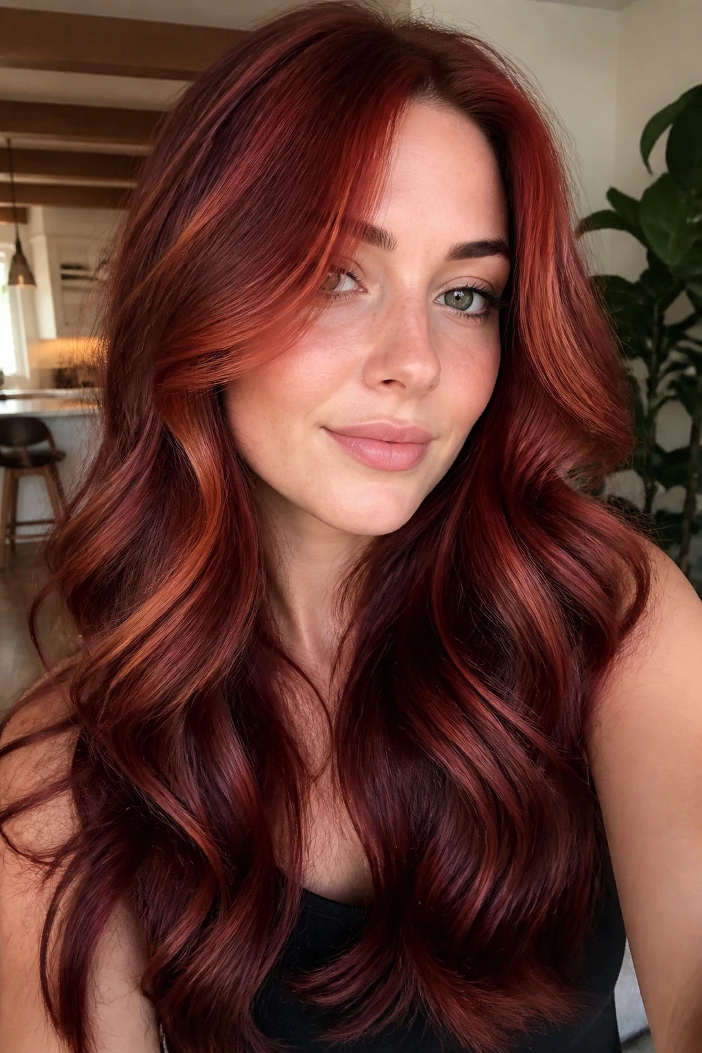 Woman with cranberry lowlights in long wavy hair