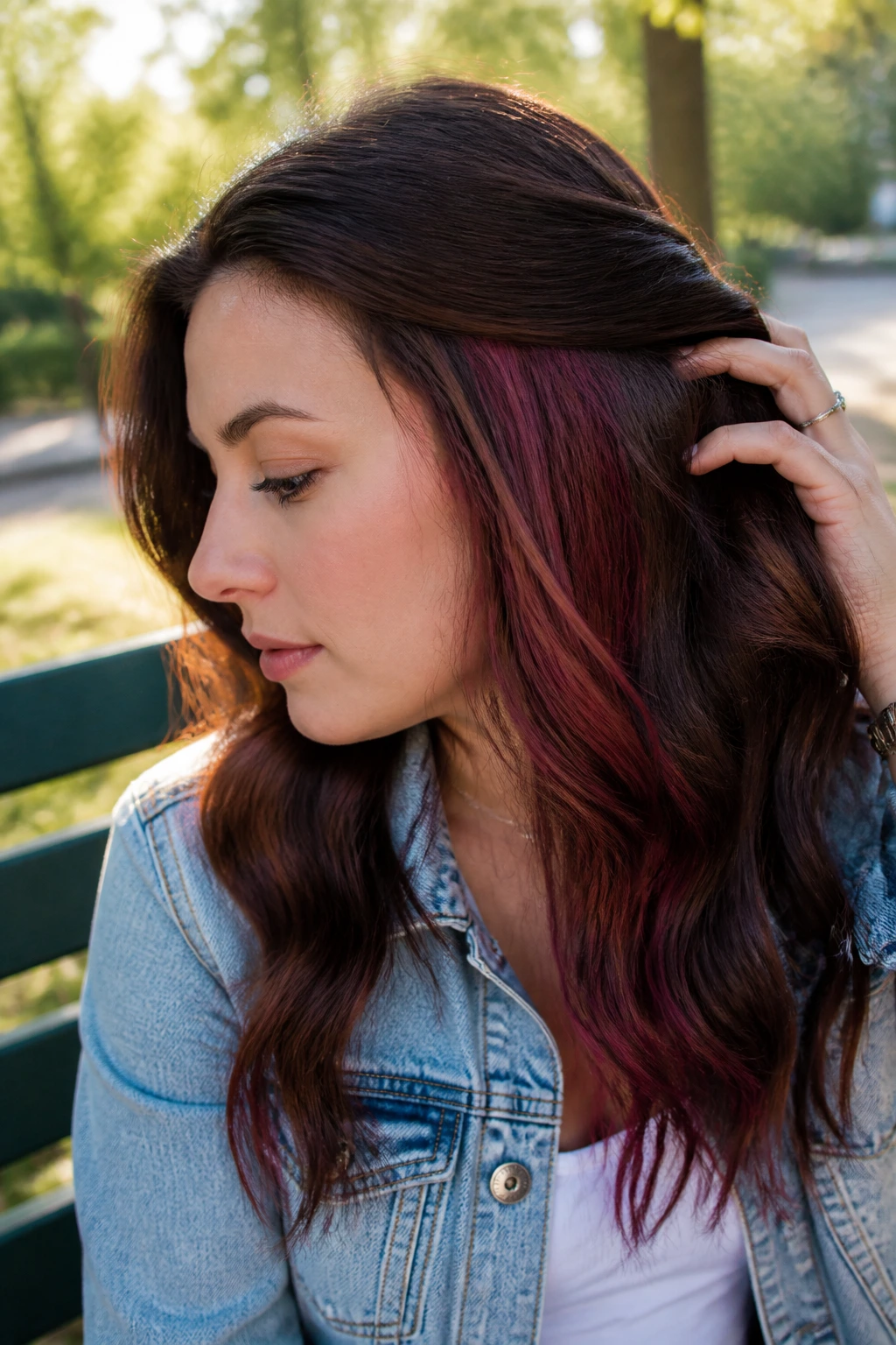 Real person with cranberry underlay peeking through top layer in spring light