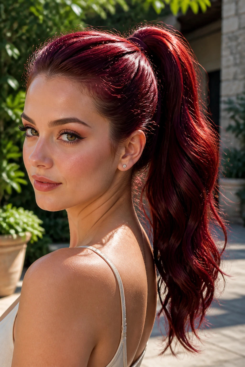 Real woman with a high glossy cranberry ponytail in a sunlit garden