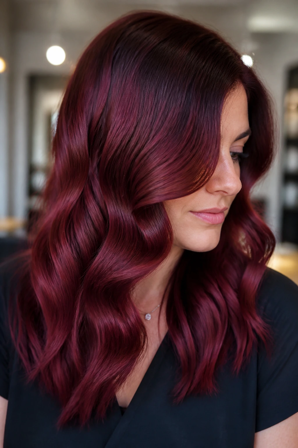 Portrait of a woman with deep cranberry red on wavy S-curves hair