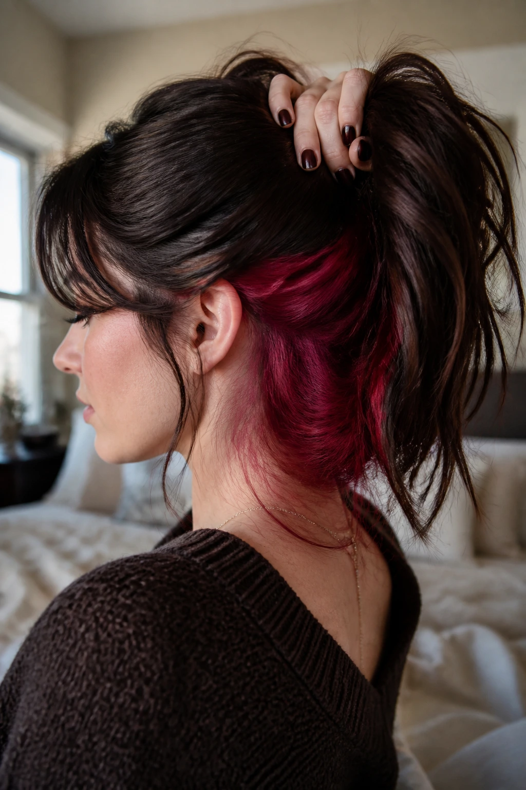 Close-up of a real woman's hair showing cranberry underlayer beneath dark brunette top layer, revealed at the nape
