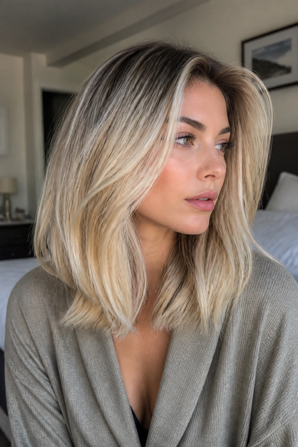 Close-up of a real woman with thick hair in a rooted cream blonde lob showing depth and movement