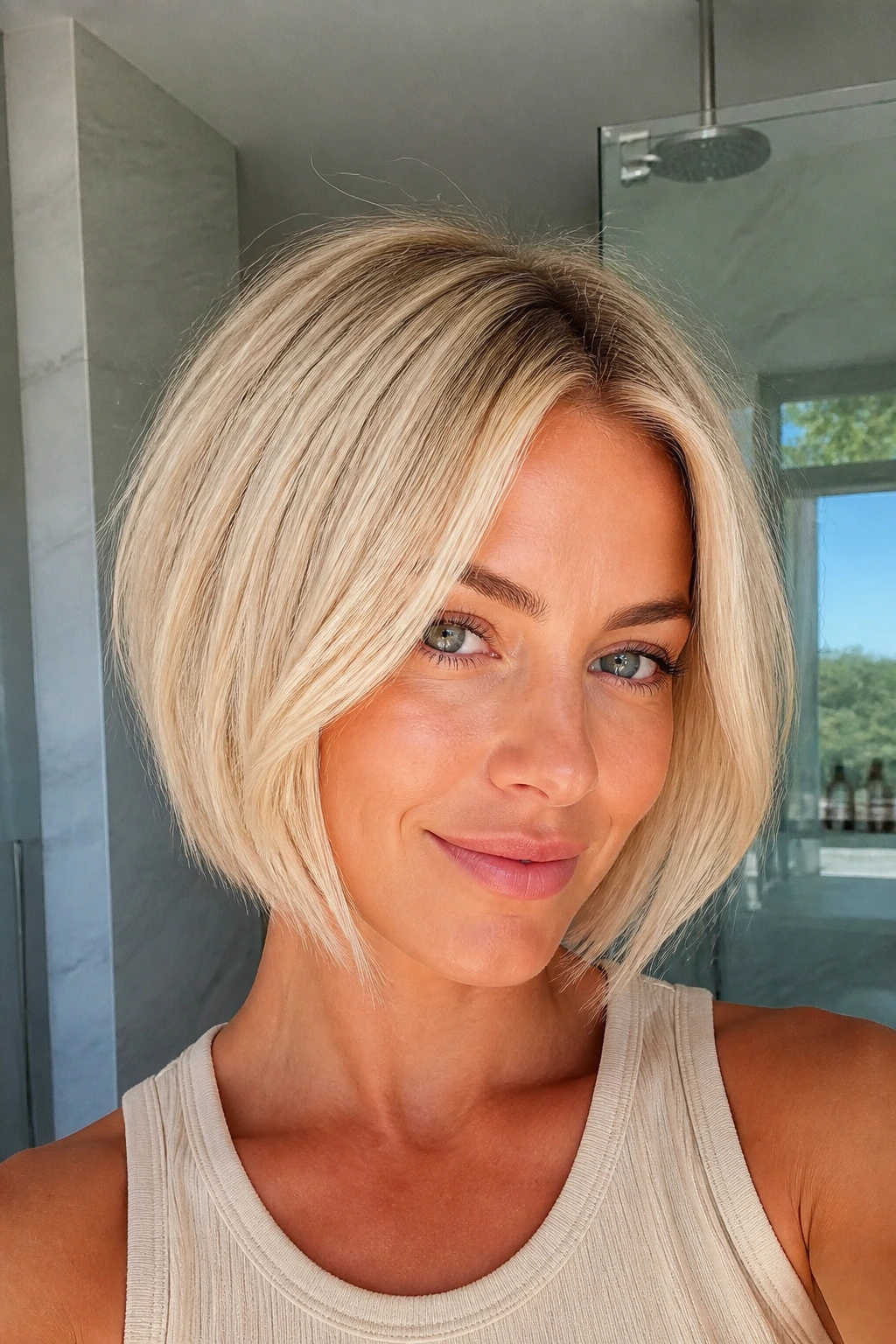 Real person with cream blonde micro-layer bob in bright daylight