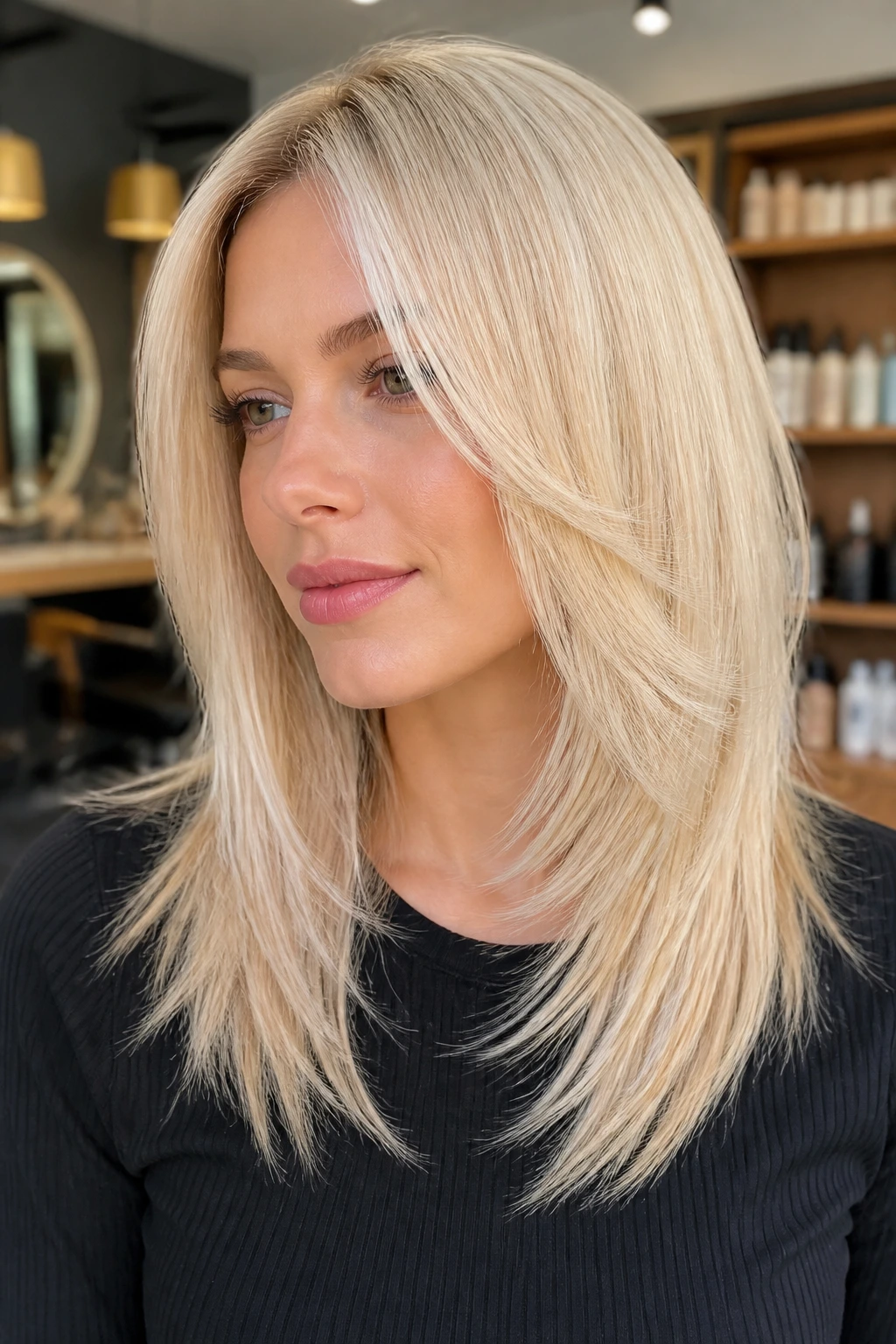 Close-up of a real woman with cream blonde razor-cut hair and feathered ends