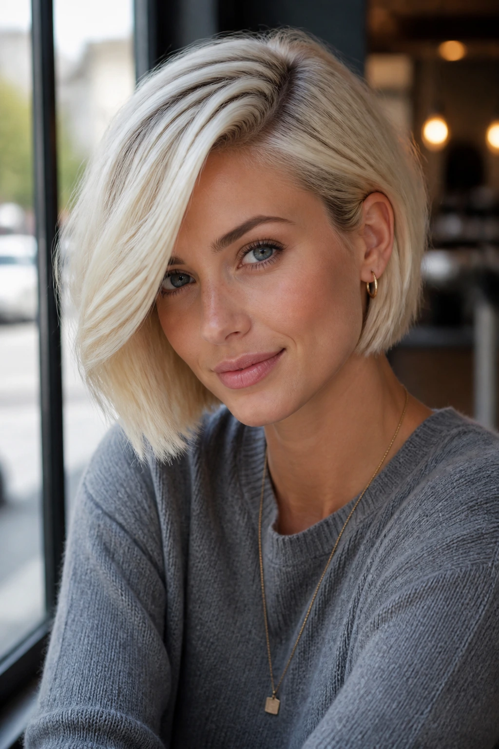 Close-up of a real woman with cream blonde side-part bob in natural cafe light