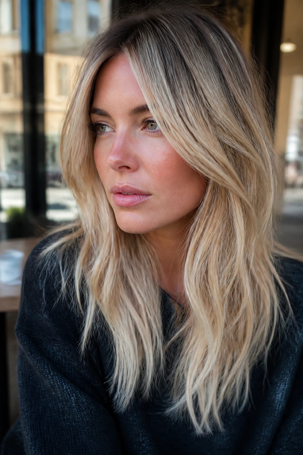 Close-up portrait of a real woman with cream blonde and smudged ends.