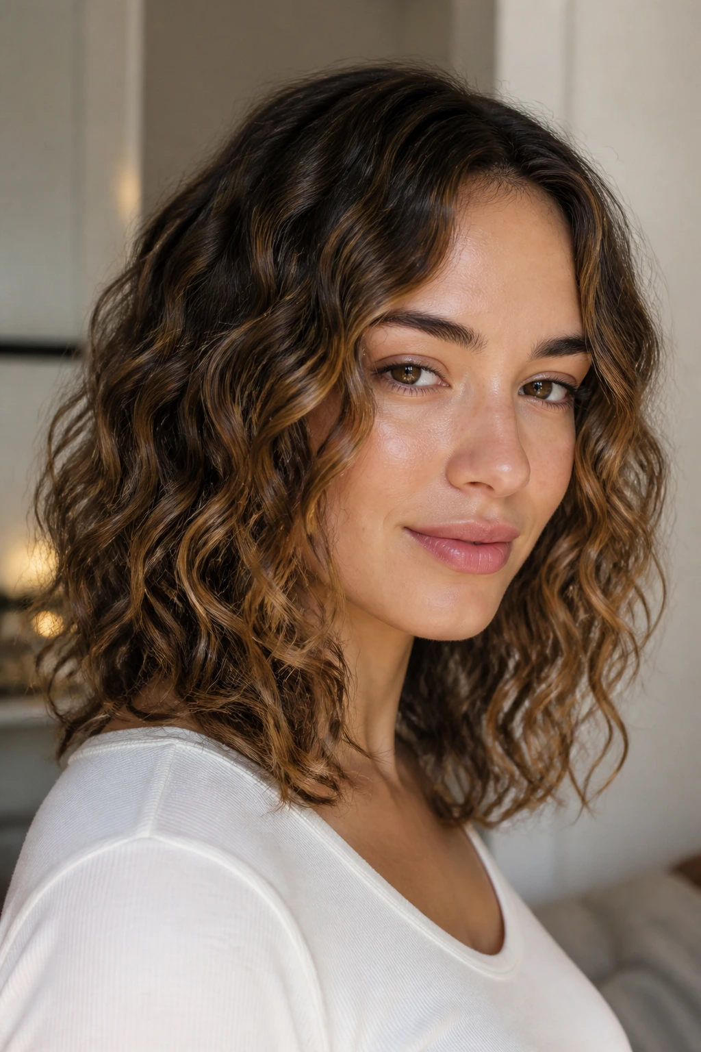 Close-up of a real woman with controlled waves created by cream and gel