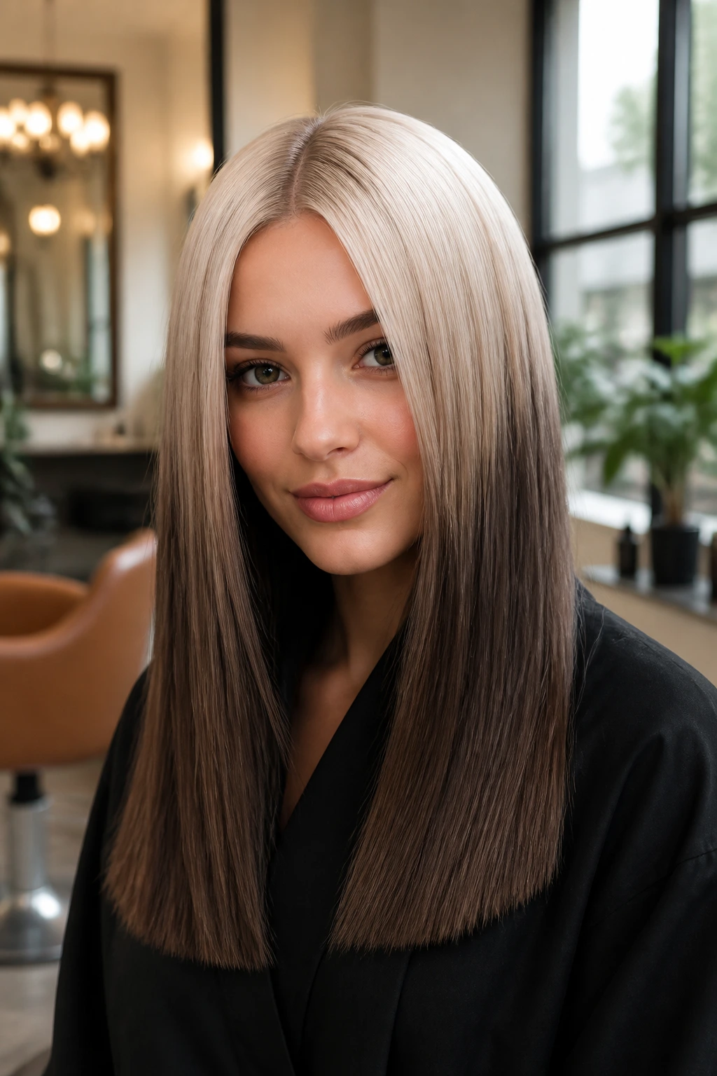 Close-up portrait of a real woman with cream roots fading to mocha ends in reverse ombre on straight hair