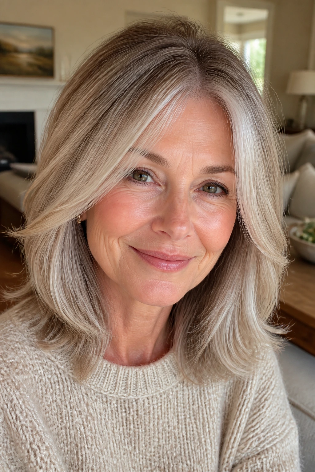 Close-up of a real woman with cream-silver layered hair and warm root melt