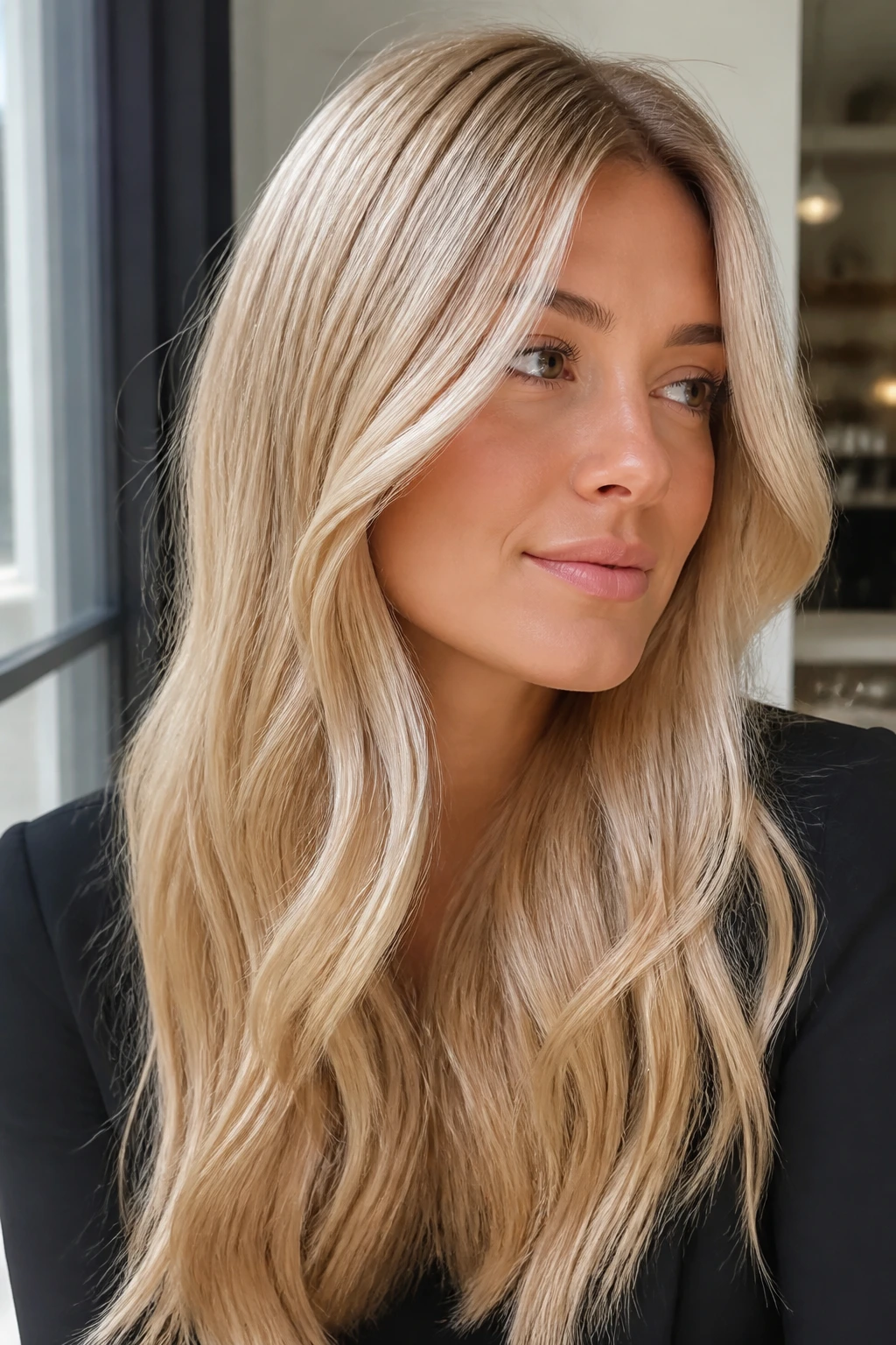 Close-up portrait of a real person with cream soda blonde and a glossy beige finish in window light