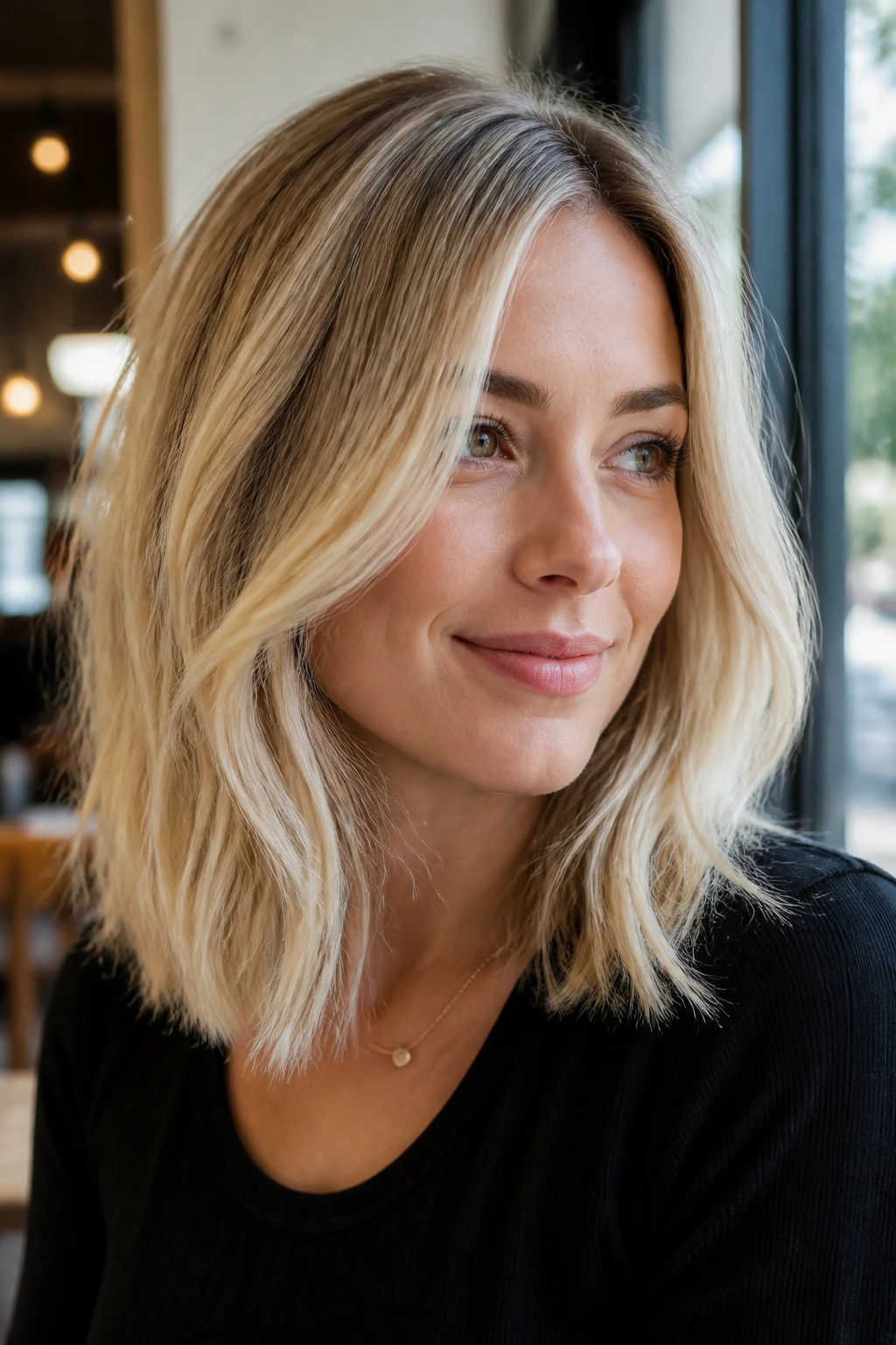 Real woman with cream soda blonde midlength hair at shoulder level.