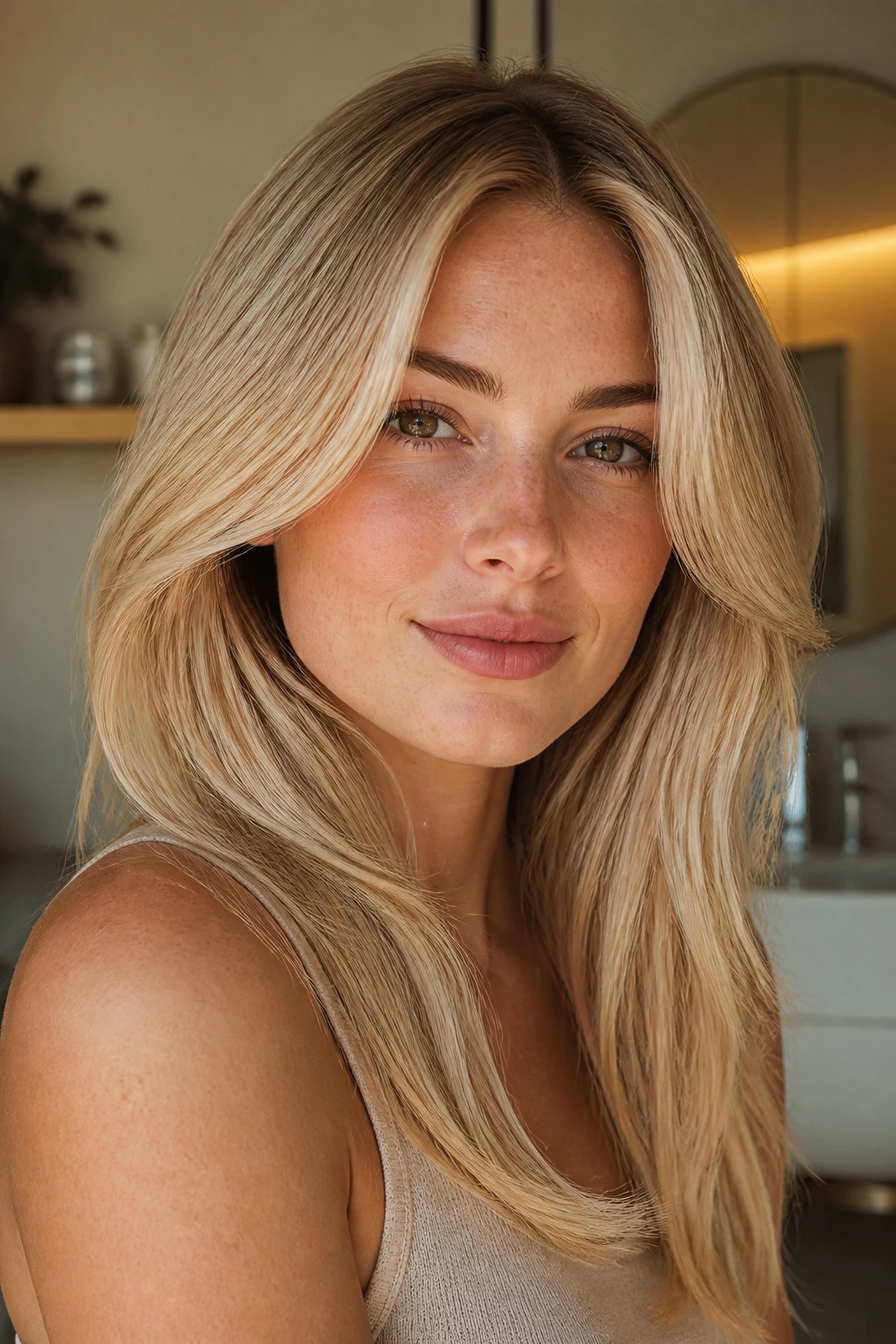 Real-woman portrait with pale beige-gold cream soda blonde and glossy shine